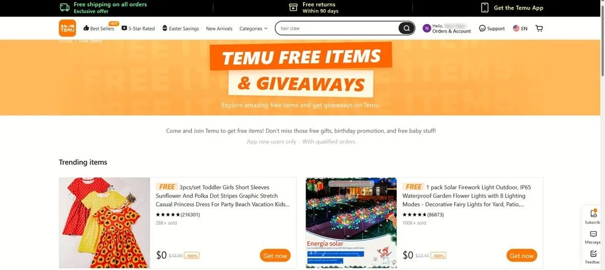 Seite mit kostenlosen Artikeln auf der Temu-Website.