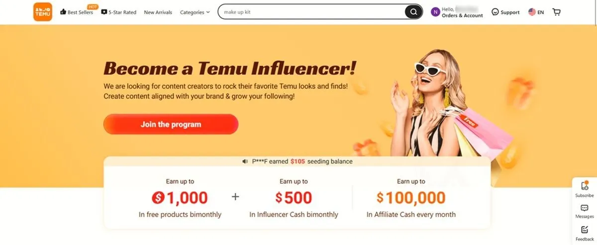 Melden Sie sich online für das Temu Influencer-Programm an.