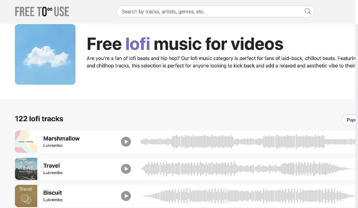 ロイヤリティフリーの音楽を表示する FreeToUse ウェブサイトのスクリーンショット