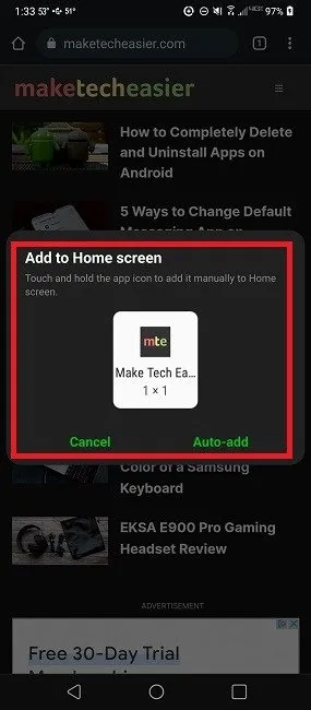 Androidのホーム画面にChromeのウェブページとブックマークを追加する方法 追加確認