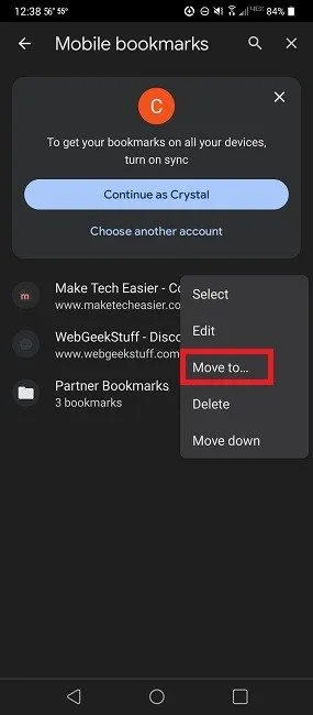 Come aggiungere pagine Web e segnalibri di Chrome alla schermata iniziale su Android Bookmark Move