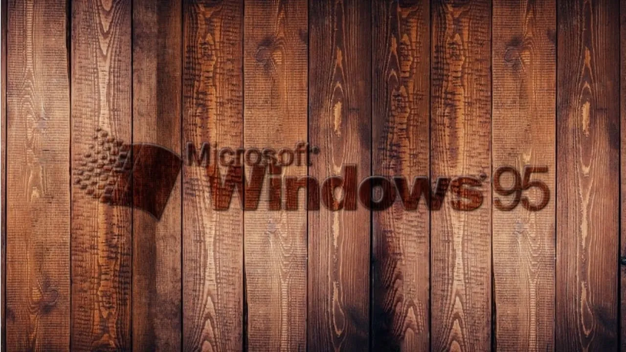 Windows 95-logo op een houten achtergrond.