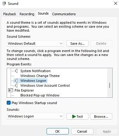 Bekijk de Windows-aanmeldingsoptie in de Windows-geluidsinstellingen.