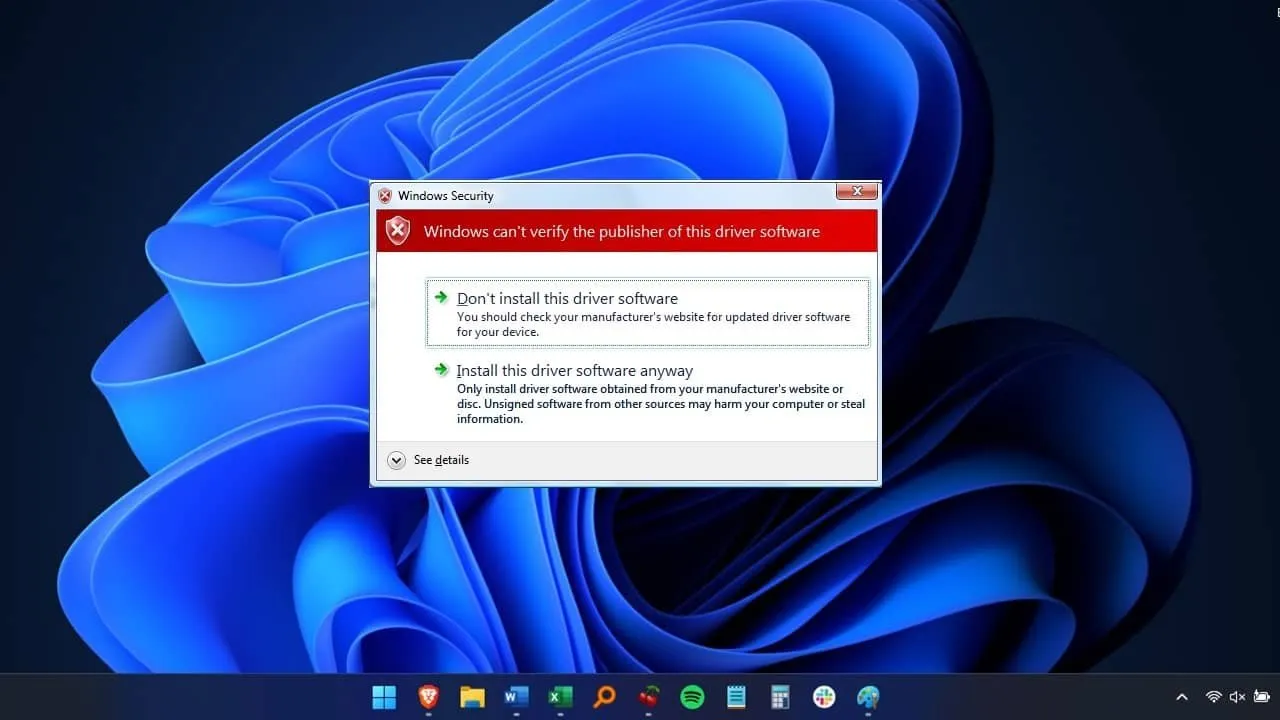Waarschuwingsbericht voor niet-ondertekend stuurprogramma van Windows.