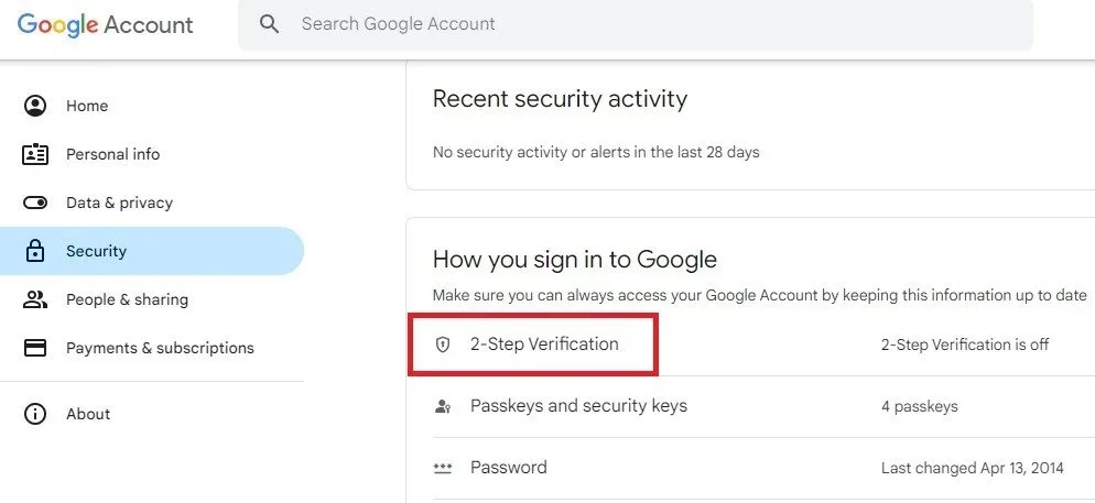 Sélection de la vérification en 2 étapes dans votre compte Google.