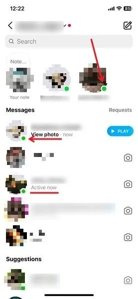 Visualização de status ativo em mensagens diretas do Instagram.