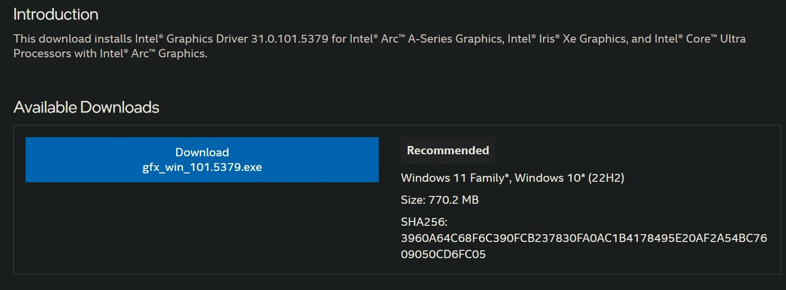 Intel GPU-stuurprogramma versie 31.0.101.5379