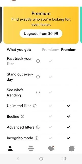 Elenco delle funzionalità di Bumble Premium all'interno dell'app.