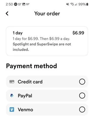 Betalen voor één dag Premium in Bumble.