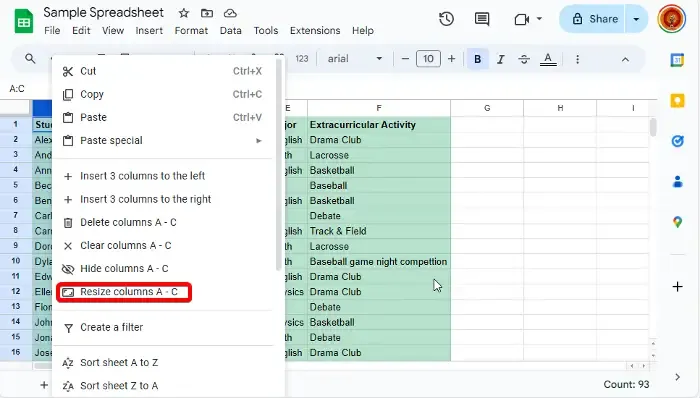 Rendi tutte le celle della stessa dimensione in Excel e nei fogli Google