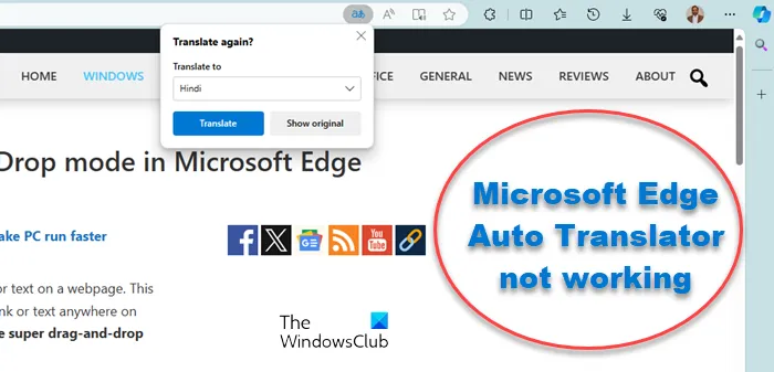 Der automatische Übersetzer von Microsoft Edge funktioniert nicht