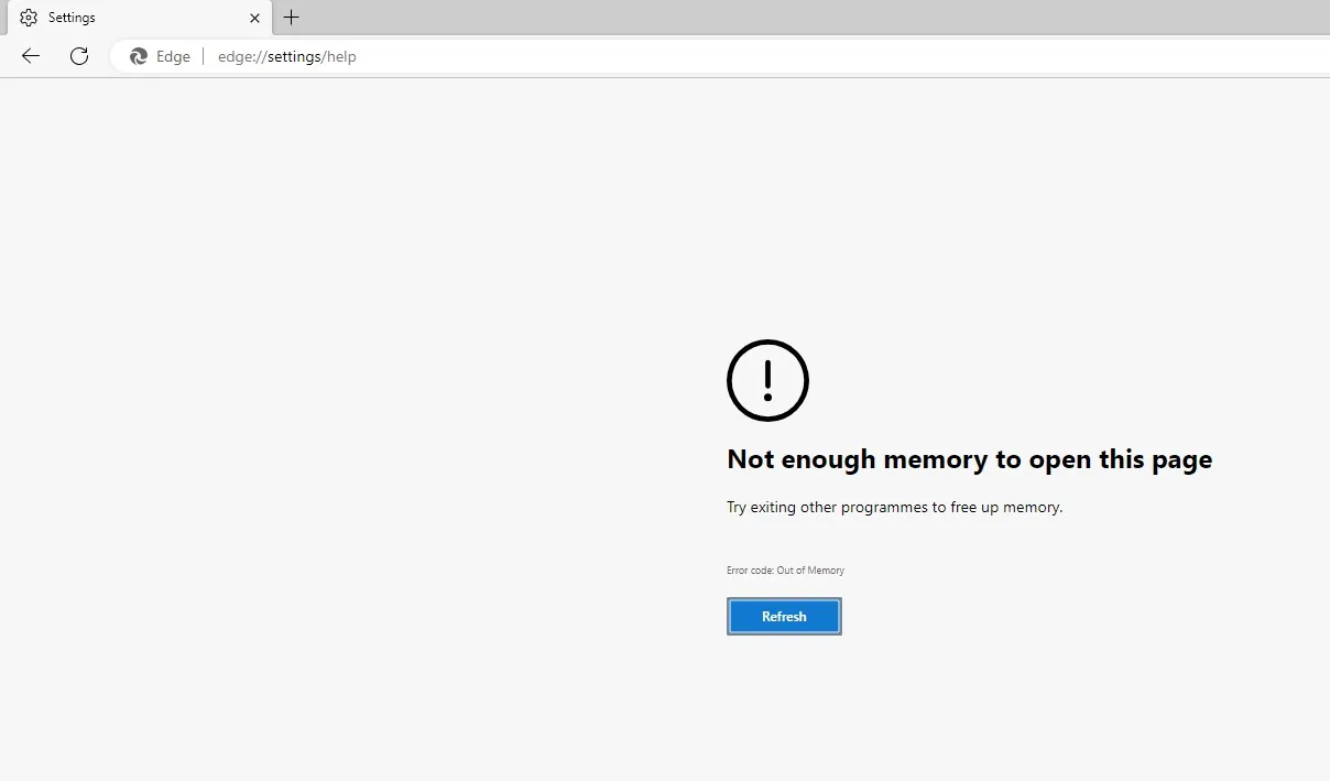Przeglądarka Microsoft Edge ulega awarii z powodu braku pamięci, aby otworzyć tę stronę