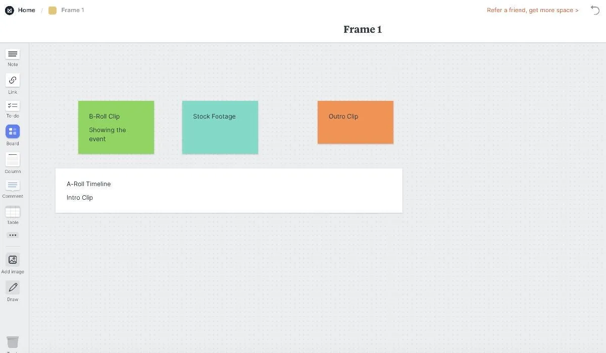 Milanote Screenboarding 工具顯示了規劃影片的流程