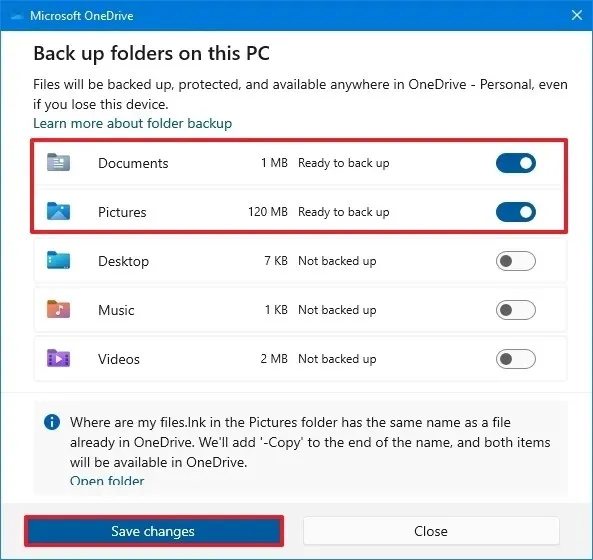 Configuração de backup de arquivos do OneDrive