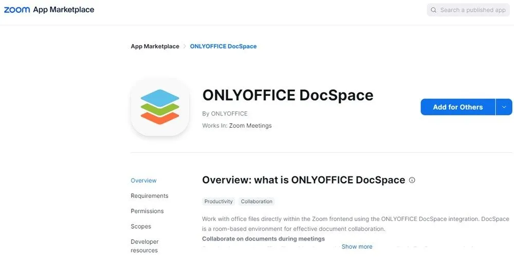 Pagina di download dell'app Onlyoffice Docspace per Zoom