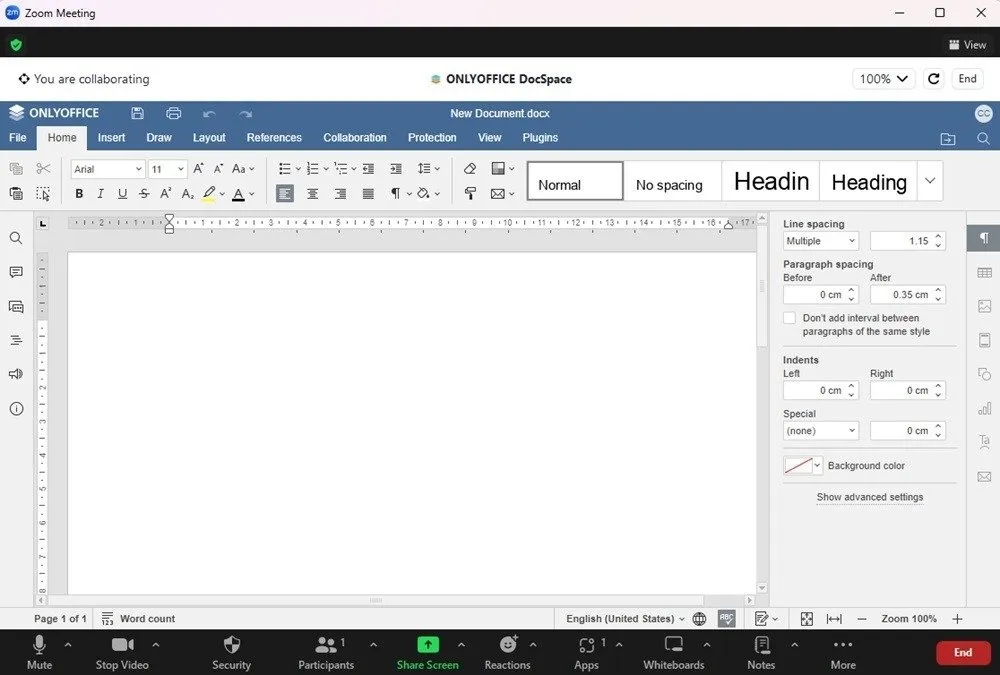 Onlyoffice Docspace para Zoom Collaborate Compartir pantalla