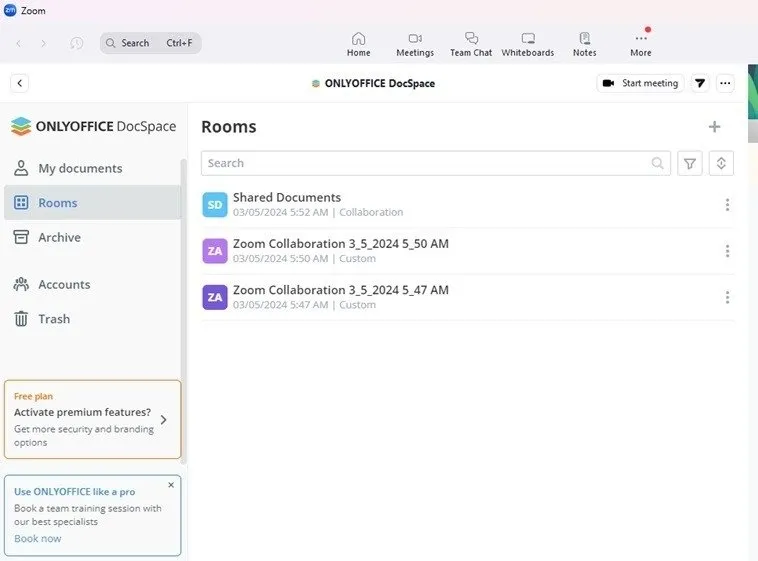 Un elenco delle stanze di OnlyOffice DocSpace dopo una riunione Zoom.