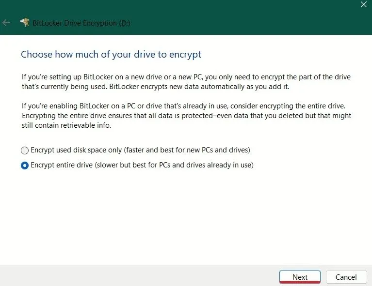 BitLocker ウィザードでドライブ全体を暗号化するかどうかを選択します。