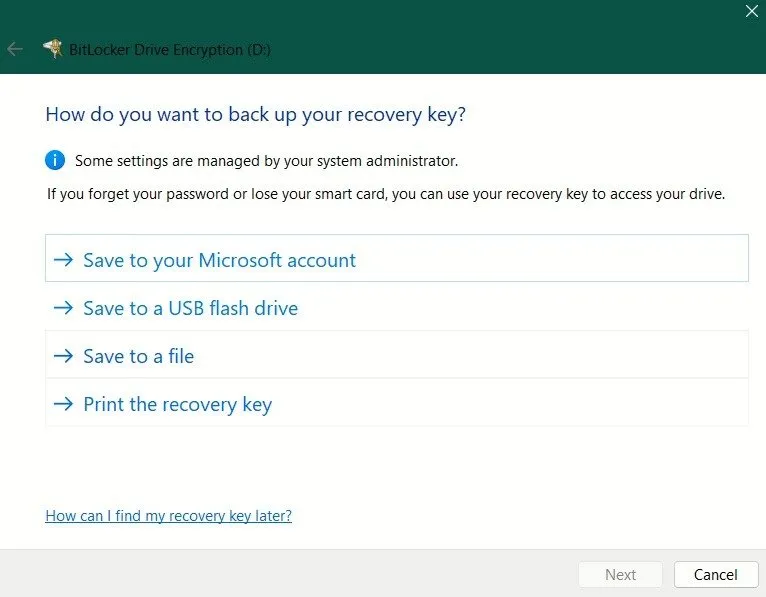 Selecionando como você deseja fazer backup da chave de recuperação da unidade criptografada do BitLocker.
