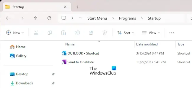 Outlook のショートカットをスタートアップ フォルダーに配置する