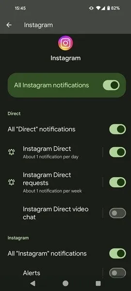 Affichage de tous les types de notifications différentes pour l'application Instagram.