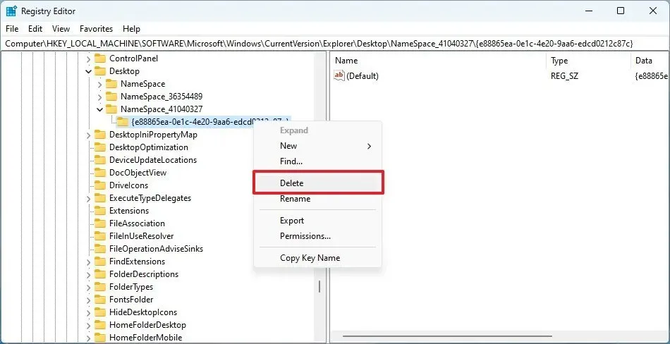 Galeria de exclusão de registro no File Explorer