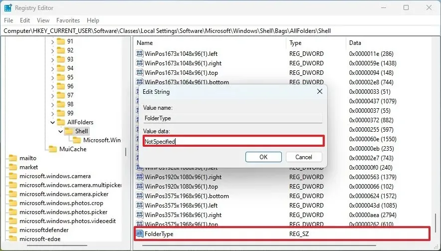 Registry FolderType NotSpecified-Wert