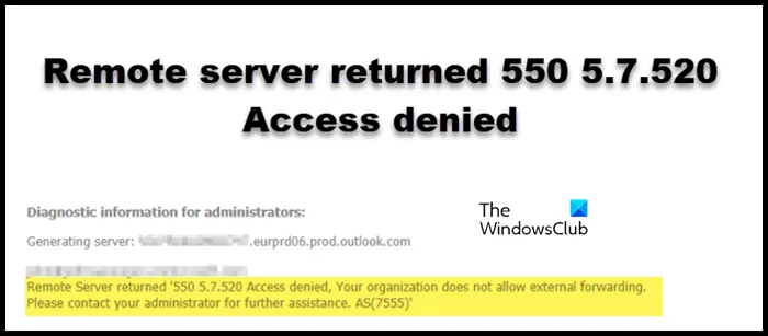 Externe server heeft 550 geretourneerd 5.7.520 Toegang geweigerd