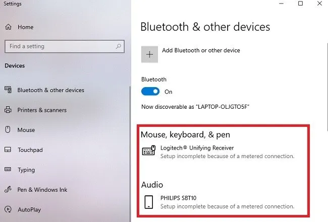 Bluetooth およびその他のデバイスで従量制接続メッセージが表示されるため、セットアップが不完全です (Windows 10)。