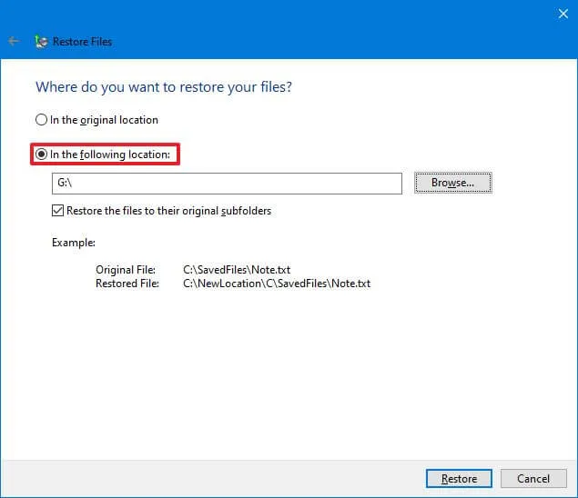 Windows Backup-Option zur Wiederherstellung eines anderen Speicherorts