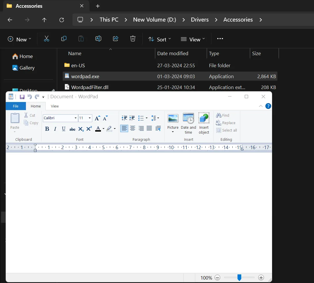 exécuter Wordpad en copiant les fichiers du dossier accessoires dans Windows 11 24h2