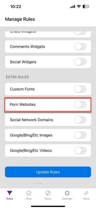 포르노 웹사이트를 차단하는 옵션을 보여주는 safashield 스크린샷