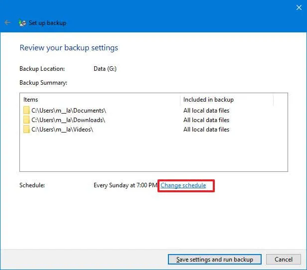 Opzione di pianificazione di Windows Backup