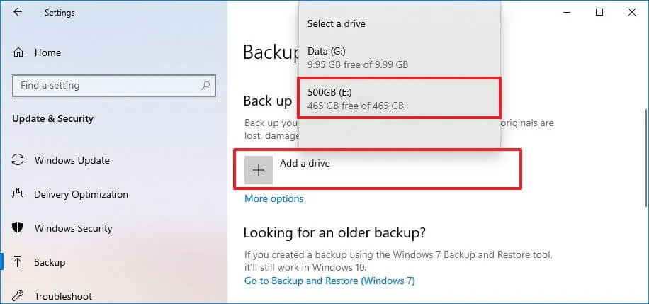 Cronologia file seleziona la destinazione del backup