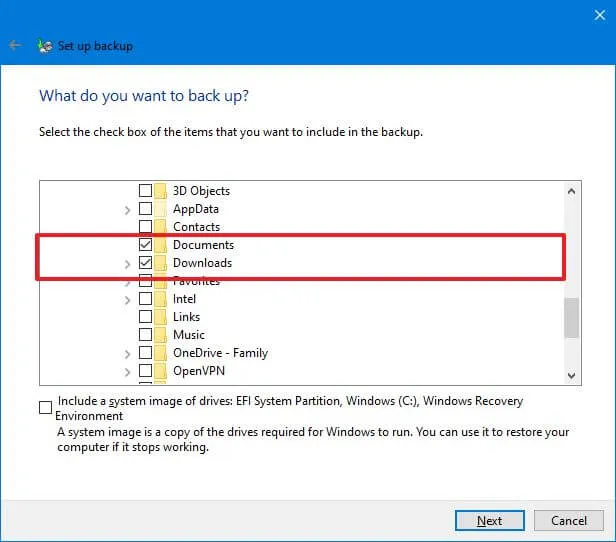 Windows 備份檔案選擇