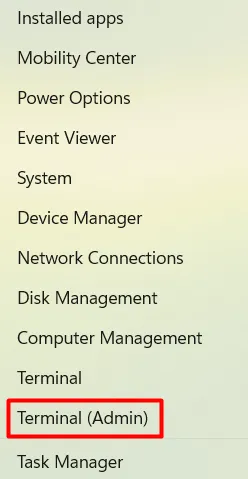 「Windows ターミナル (管理者)」を選択します。