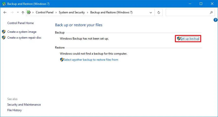 Configura il backup su Windows 10
