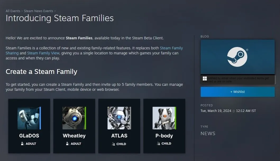 Anúncio das Famílias Steam