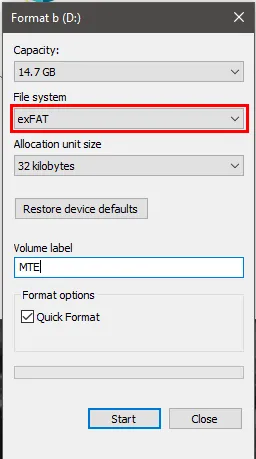Windows 中磁碟格式提示中反白顯示 ExFAT 檔案系統的螢幕截圖。