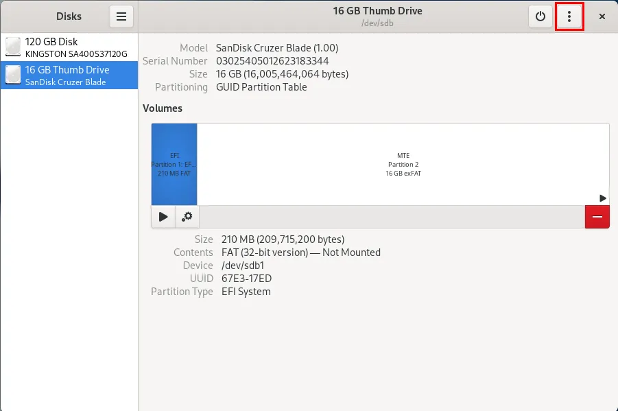 Een screenshot waarin het gestippelde menu in het Gnome Disks-hulpprogramma wordt gemarkeerd.