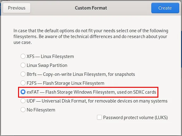 Gnome Disks のカスタム ファイルシステム フォーマットの ExFAT ファイルシステムを強調表示したスクリーンショット。