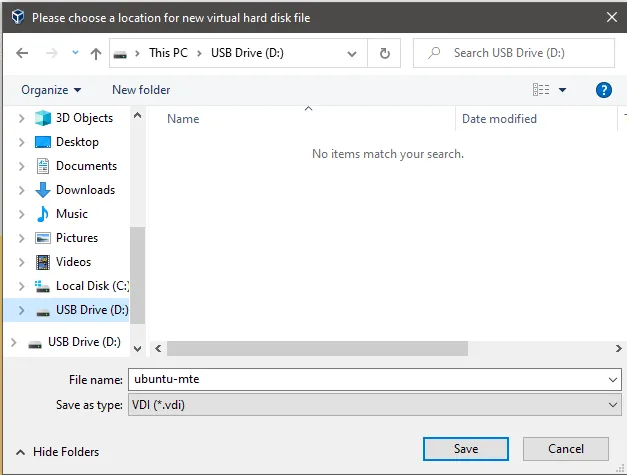 Uno screenshot che mostra il Selettore file di Windows sulla posizione del disco esterno.