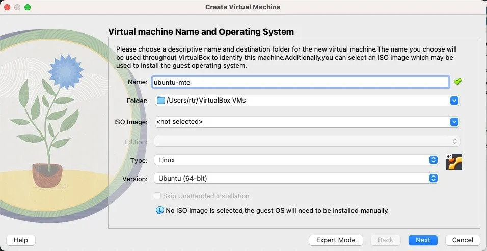 Uno screenshot che mostra la schermata di creazione della VM predefinita in VirtualBox per MacOS.