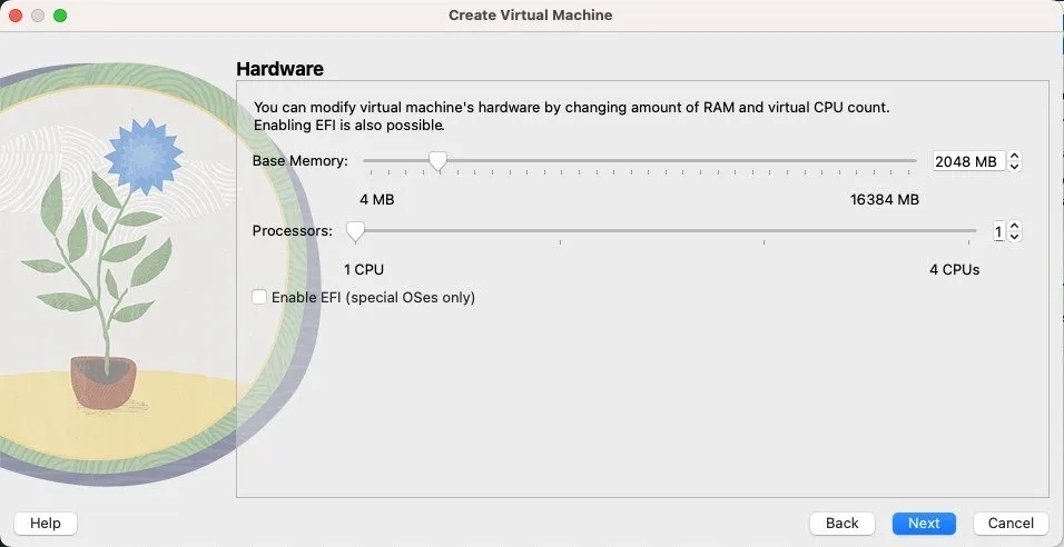VirtualBox で Ubuntu に割り当てられたデフォルトのシステム リソースを示すスクリーンショット。