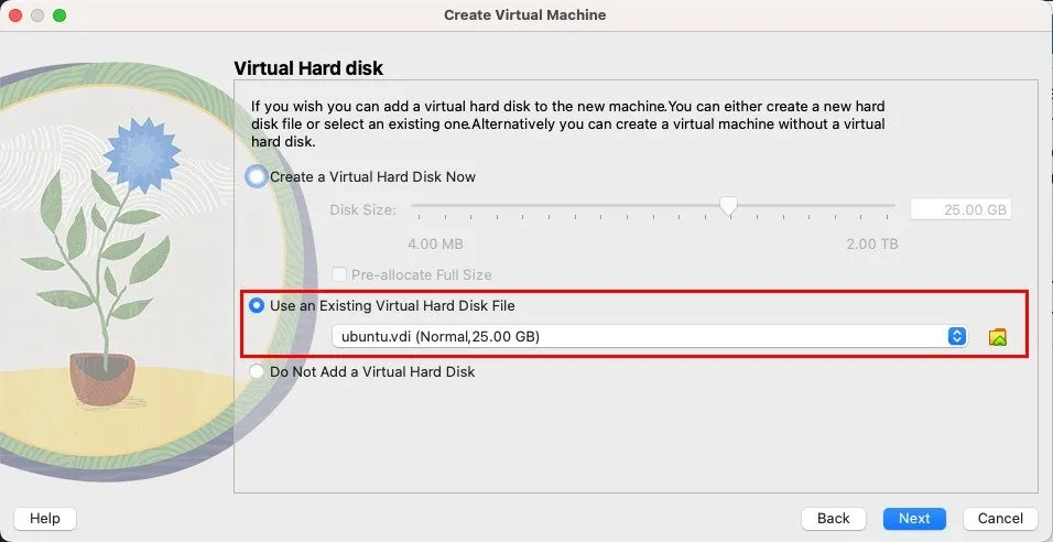 Ein Screenshot, der die Option zum Auswählen einer benutzerdefinierten VDI-Festplatte zum Laden für die neue VM hervorhebt.