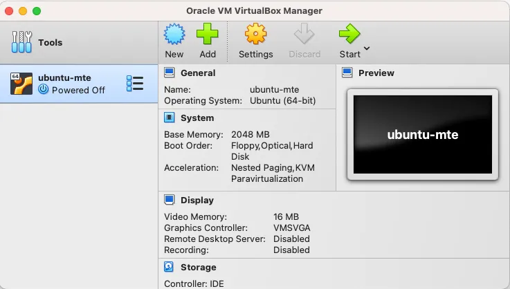 Een schermafbeelding van de actieve VM die een externe VDI-schijf gebruikt.