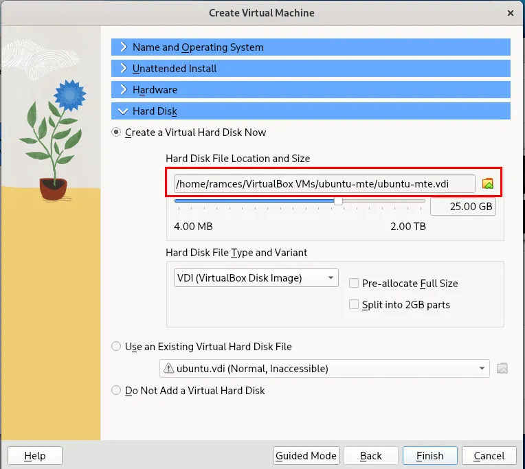 Linux 版 VirtualBox の VDI ファイルの場所選択ツールを強調表示したスクリーンショット。