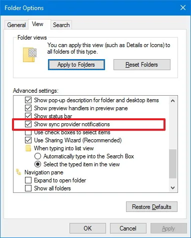 Option „Benachrichtigungen des Synchronisierungsanbieters anzeigen“ unter Windows 10 Redstone 2