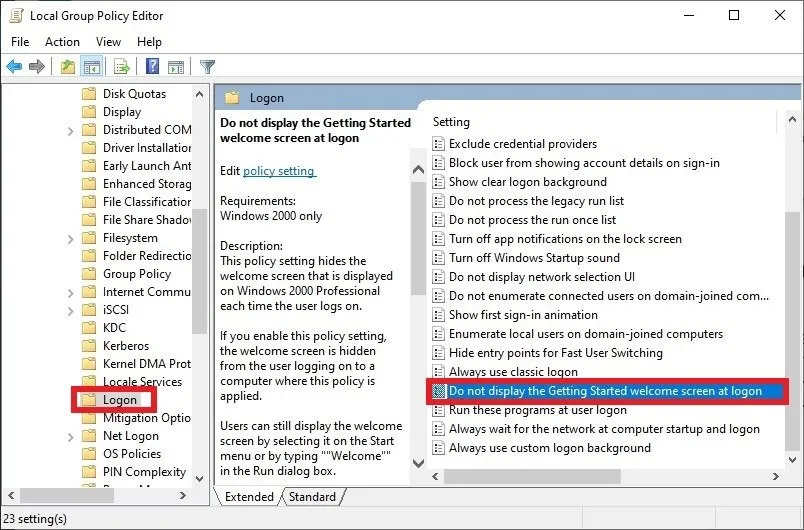 Sla het Windows-inlogscherm over Windows 10 Editor voor lokaal groepsbeleid