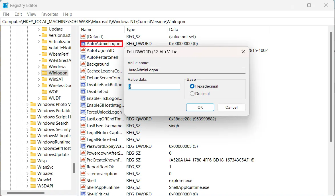 Omitir la pantalla de inicio de sesión de Windows Editor del Registro de Windows 11 Autoadminlogon